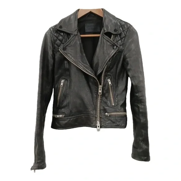 All Saints Women's Leather Conroy/ Biker Jacket in Ink Size US 4 - Picture 1 of 9